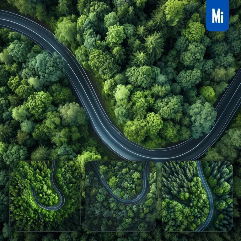 midjourney prompt curved road green tree forest photography