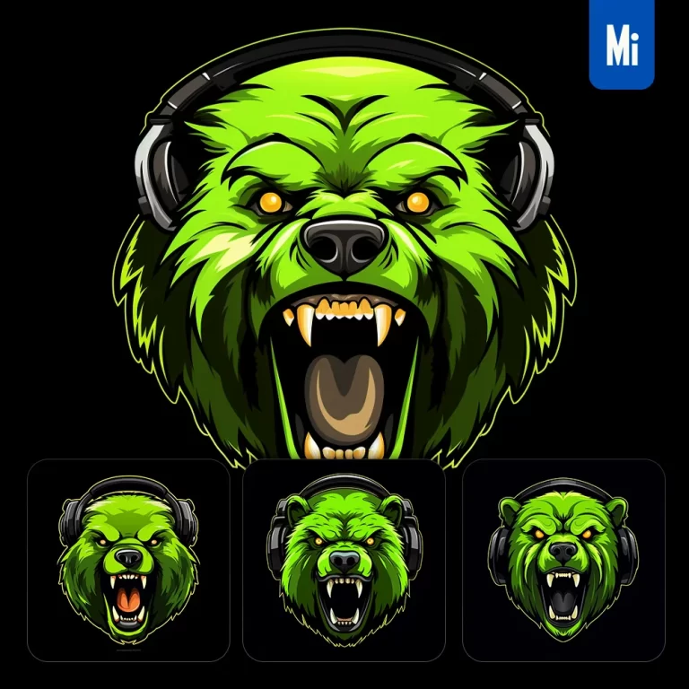 midjourney prompt green bear face head headphones logo