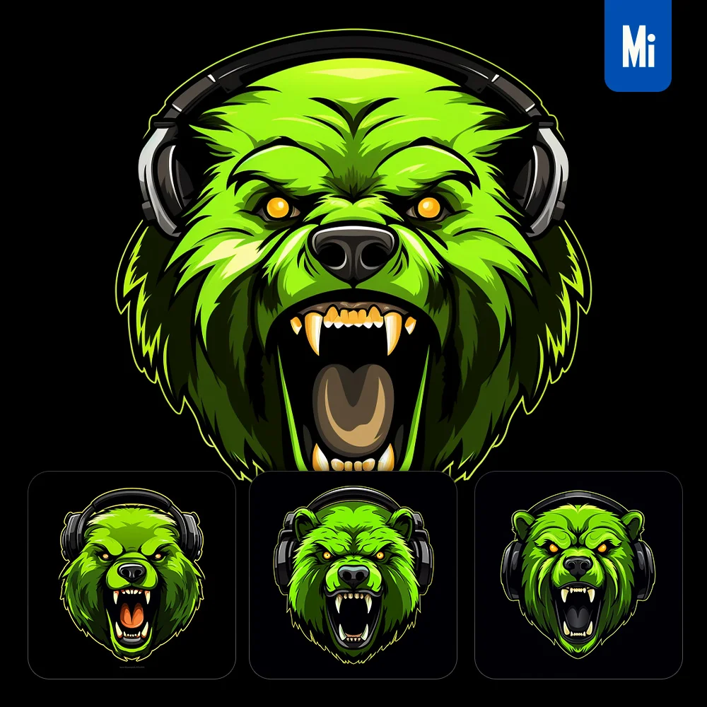 midjourney prompt green bear face head headphones logo