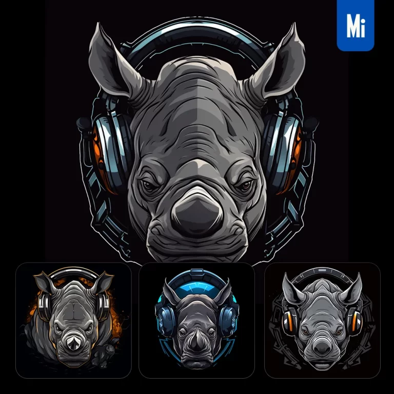 midjourney prompt grey rhinoceros face head headphones logo