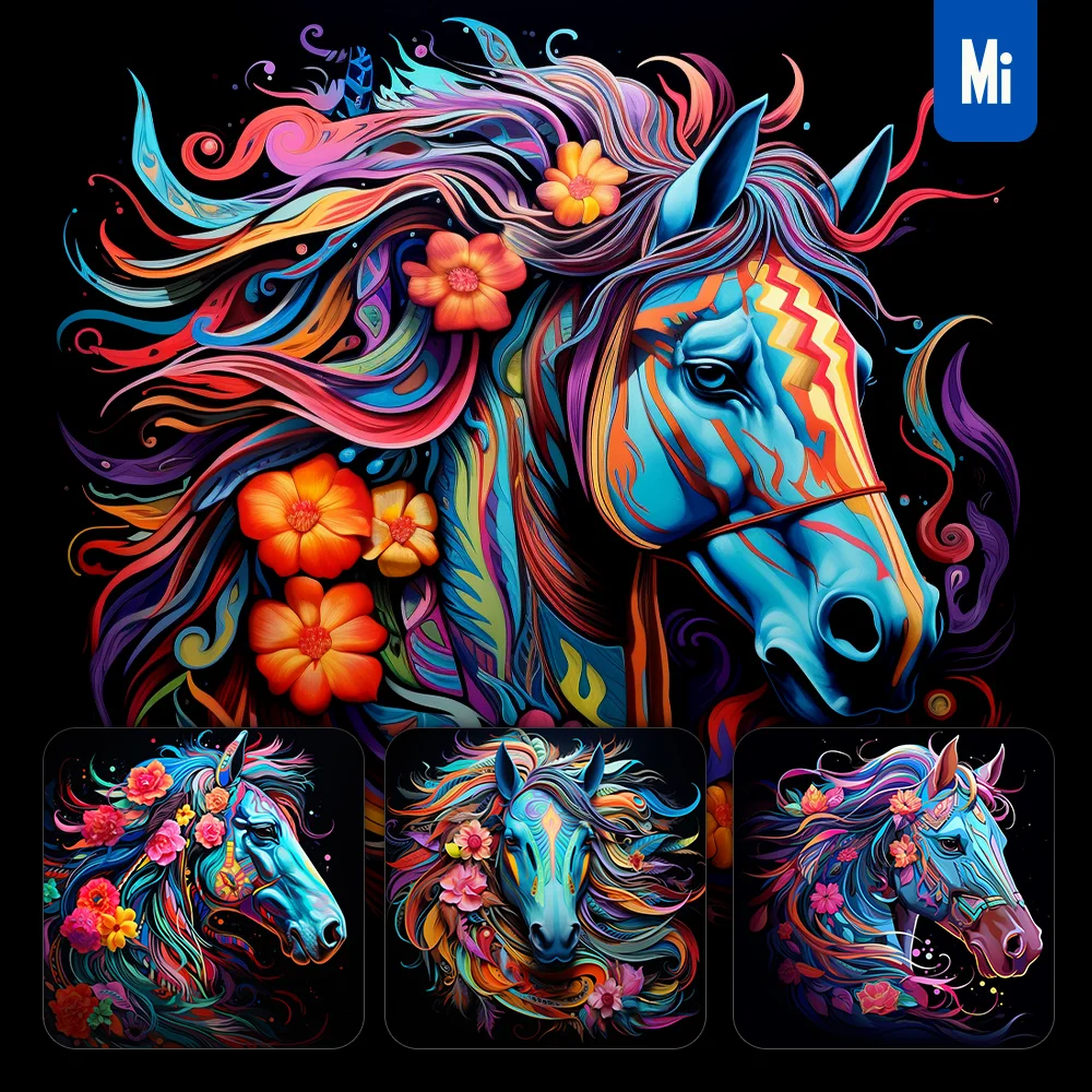midjourney prompt horse head flower colorful painting illustration