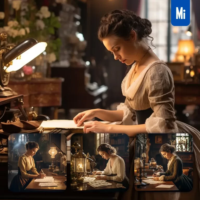 midjourney prompt lady woman write cinema still ancient photography