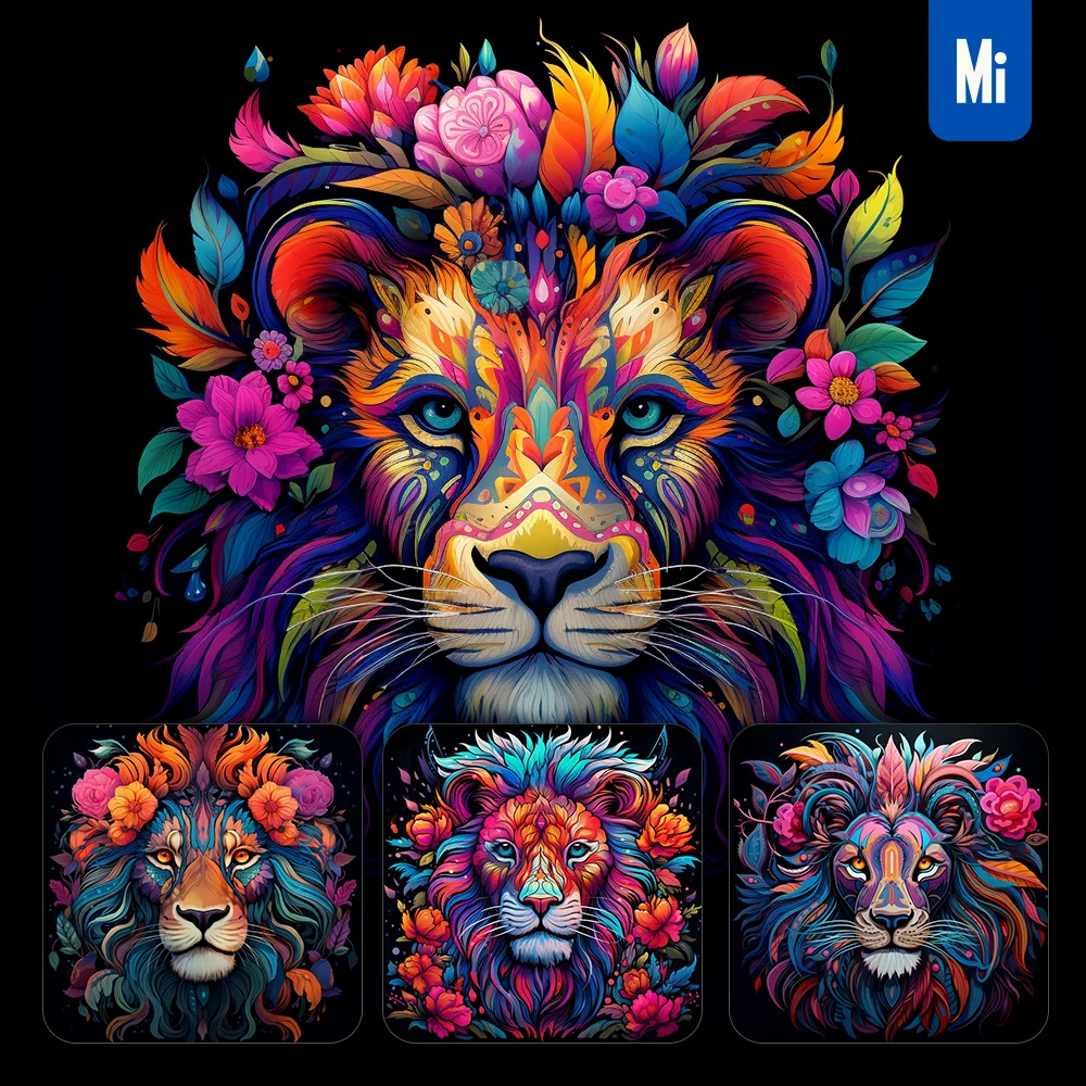 Midjourney Prompt Lion Head Colorful Painting Illustratio