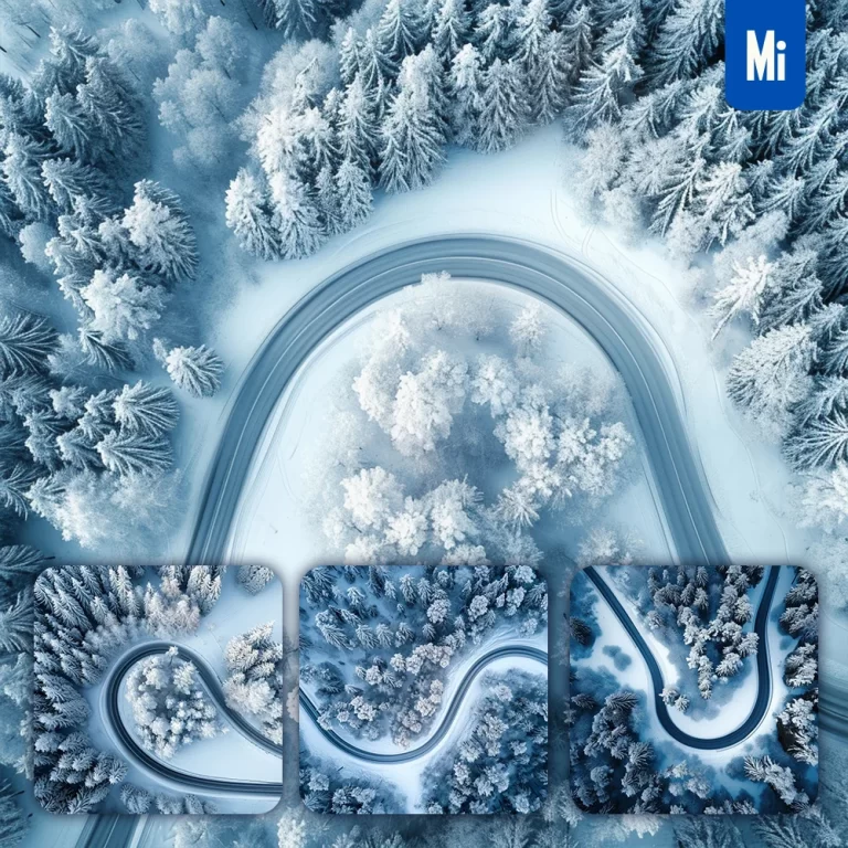 midjourney prompt snow curved road tree forest photography