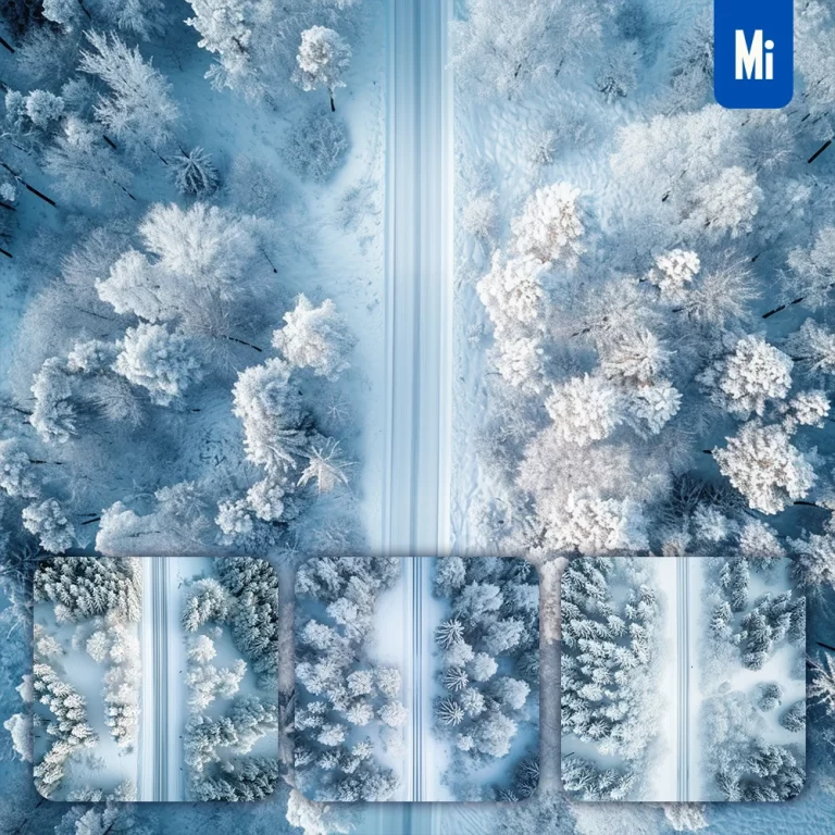 midjourney prompt snow road straight tree forest photography