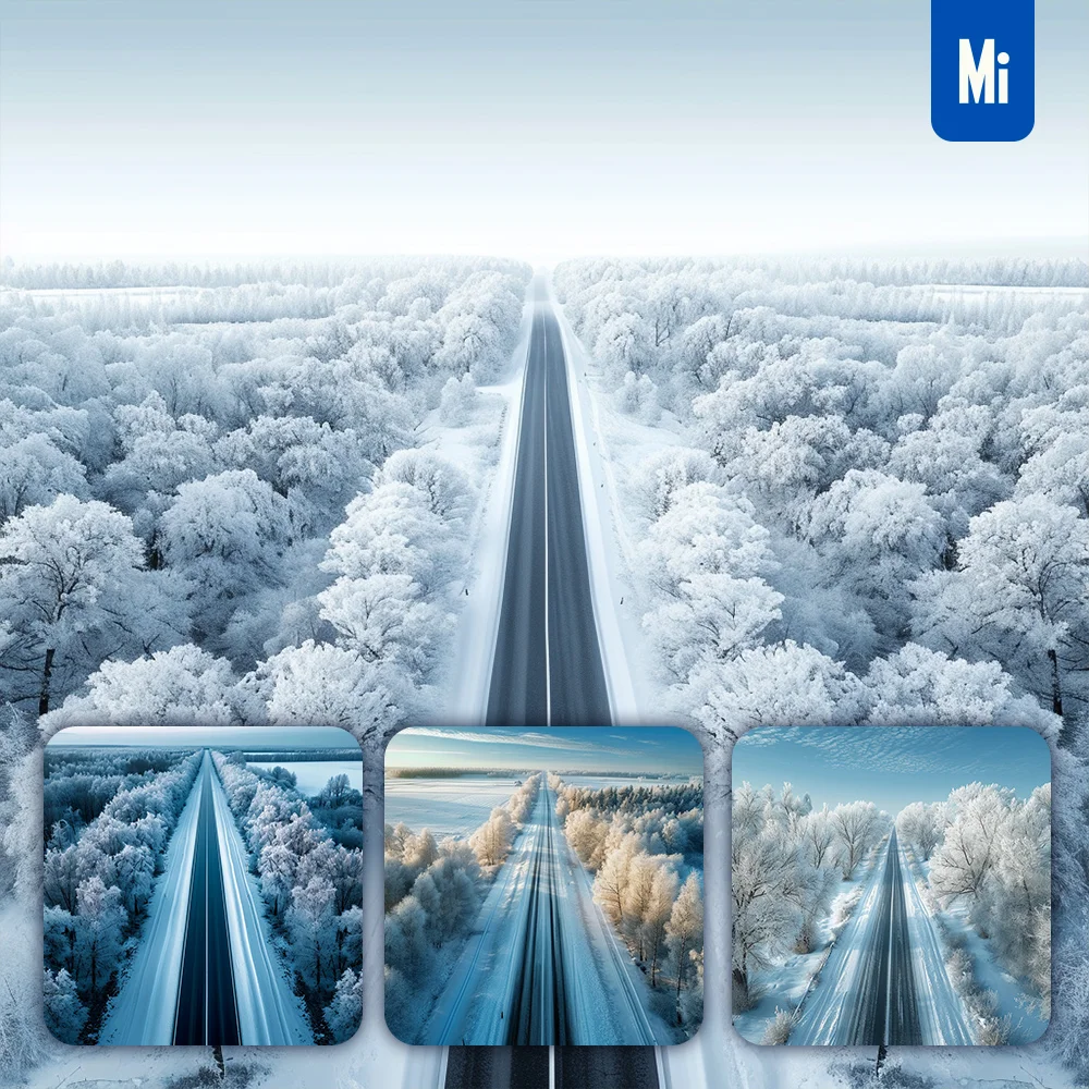 midjourney prompt snow tree road forest straight skyline photography