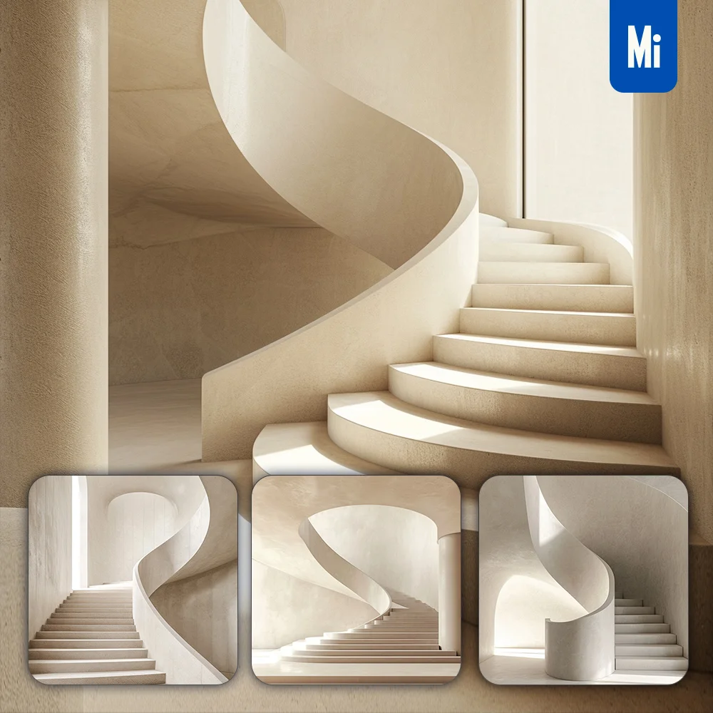 Midjourney Prompt Spiral Staircase Stairway White Beige
