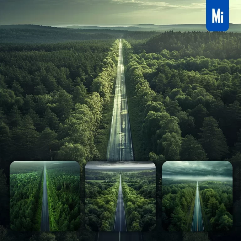 midjourney prompt tree green road forest straight skyline photography