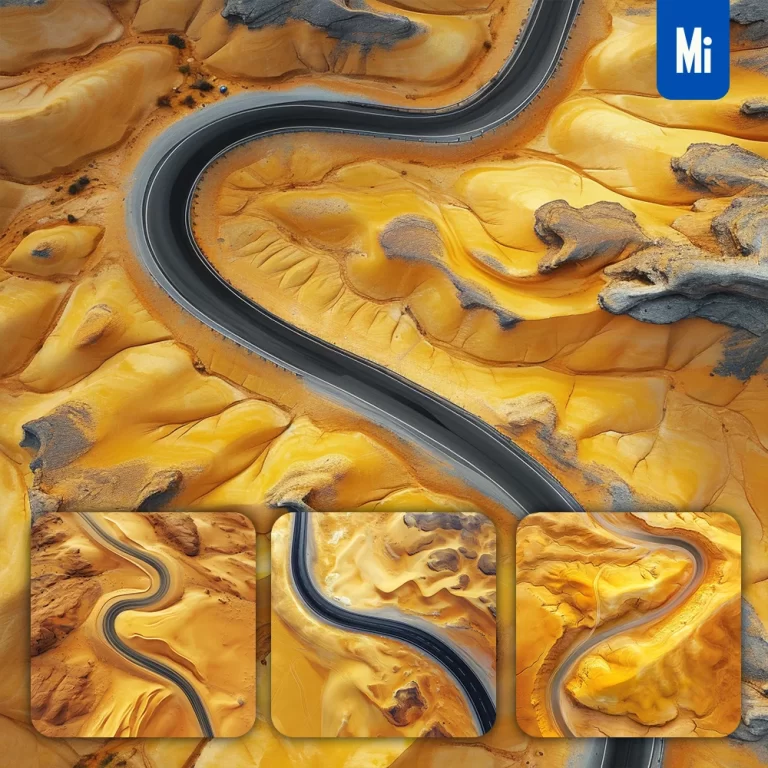 midjourney prompt yellow road desert curved photography
