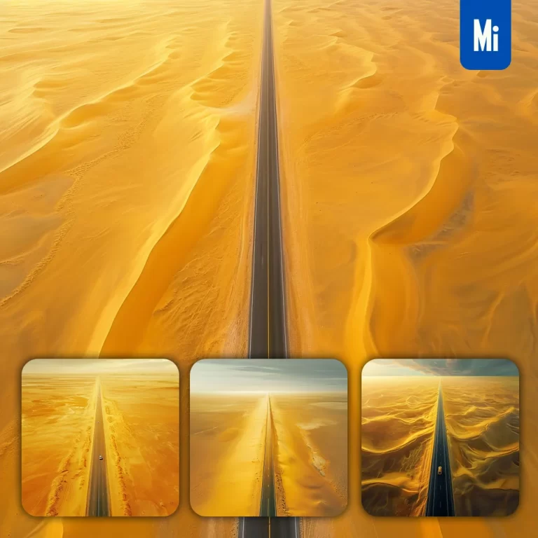 midjourney prompt yellow road desert straight skyline photography