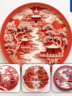 Midjourney Prompt Ancient Chinese Tower Architecture Red Circle Lacquer Carving