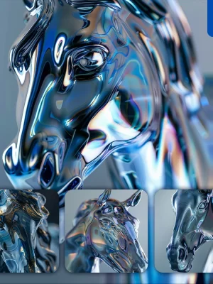 Midjourney Prompt Head Horse Face Statue Glass Metal