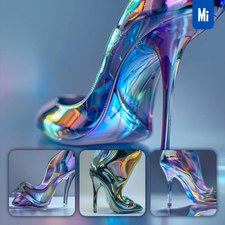 midjourney prompt high heeled shoe statue head glass metal