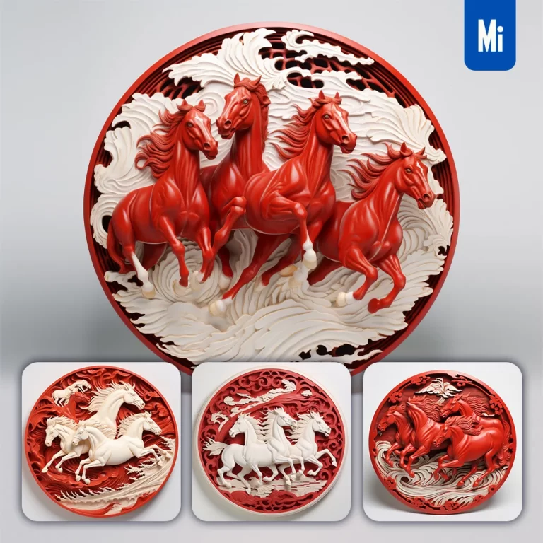 midjourney prompt horse red circle lacquer carving