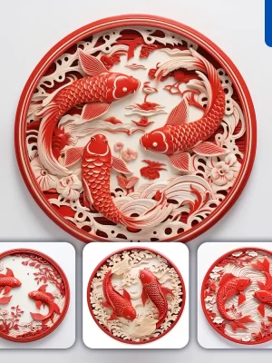 Midjourney Prompt Koi Fish Red Circle Lacquer Carving