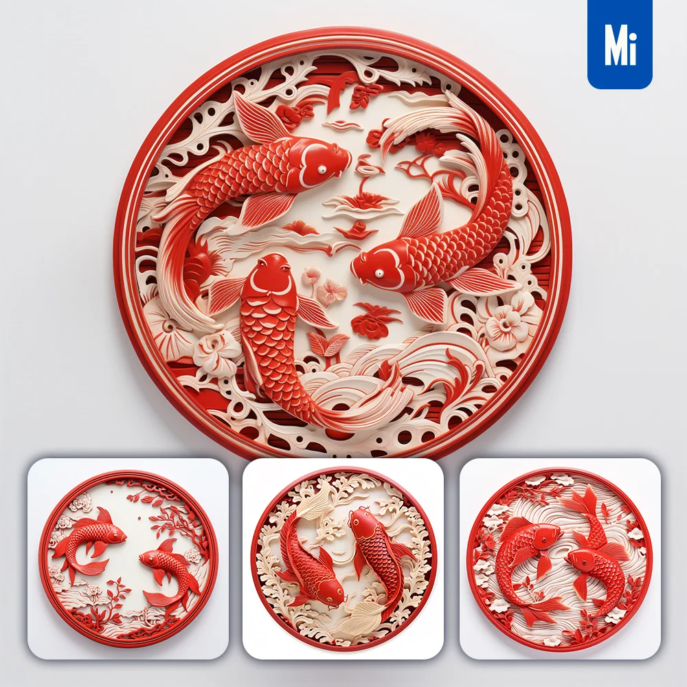 Midjourney Prompt Koi Fish Red Circle Lacquer Carving