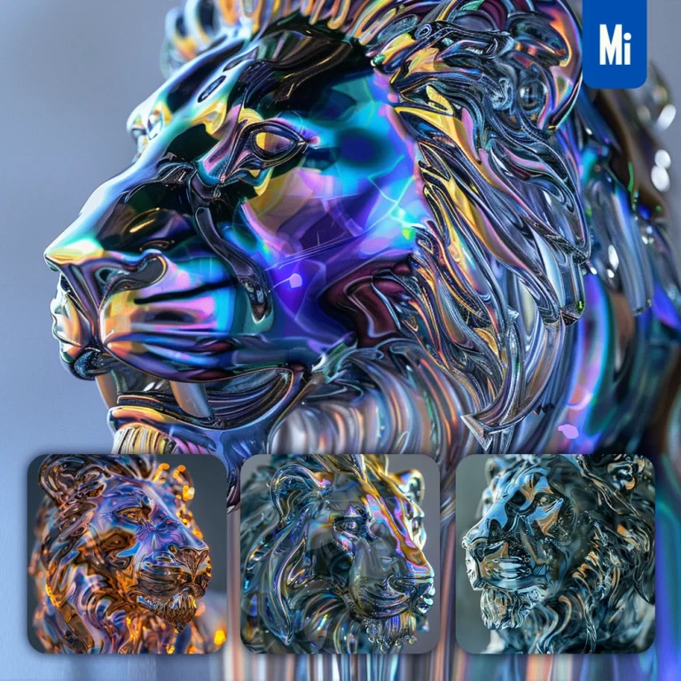 midjourney prompt lion statue face head glass metal