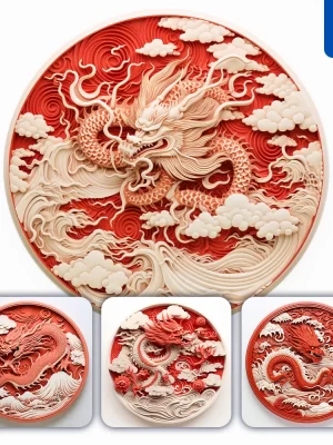 Midjourney Prompt Loong Chinese Dragon Red Circle Lacquer Carving