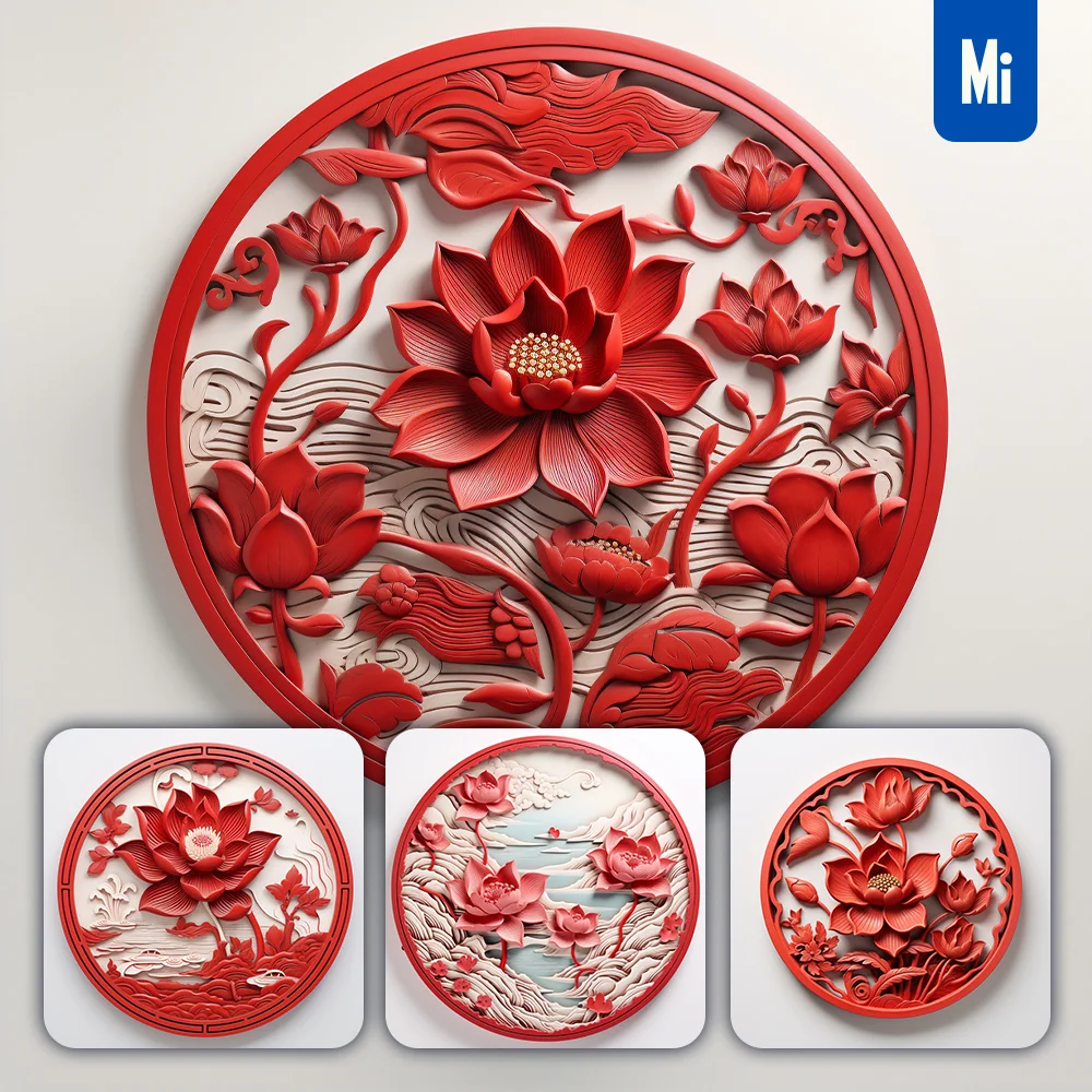 Midjourney Prompt Lotus Red Circle Lacquer Carving