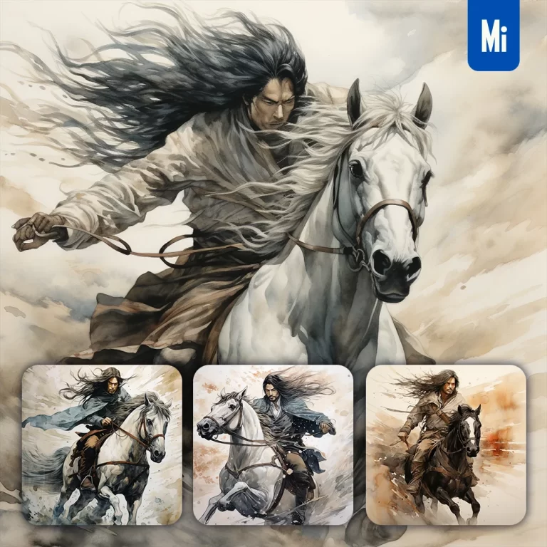 midjourney prompt man ride horse ink painting