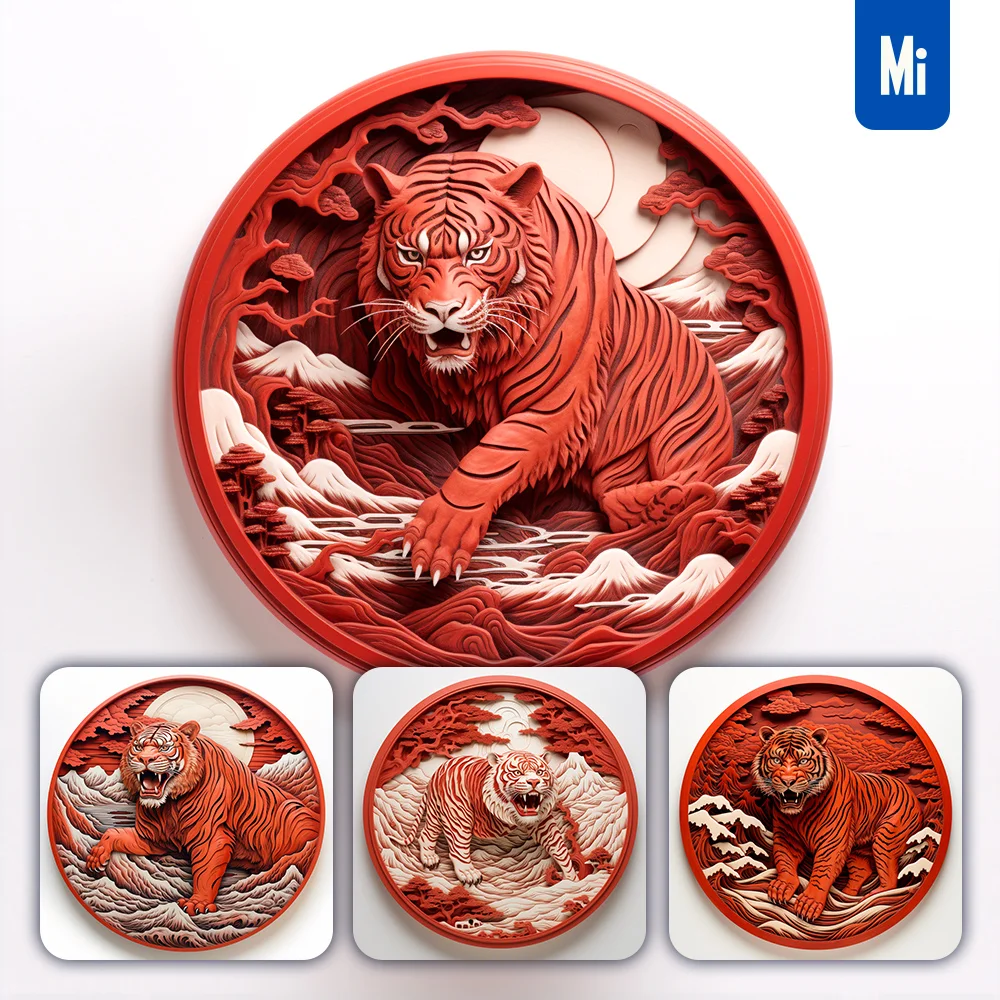 Midjourney Prompt Tiger Red Circle Lacquer Carving