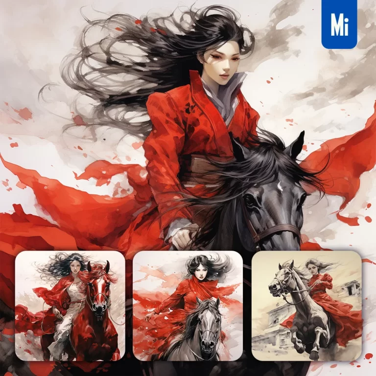 midjourney prompt woman ride horse dress ink painting