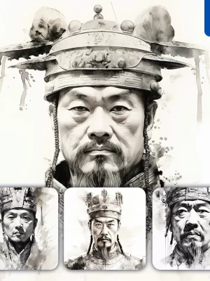 Midjourney Prompt Ancient Chinese Emperor Face Head Painting Black And White