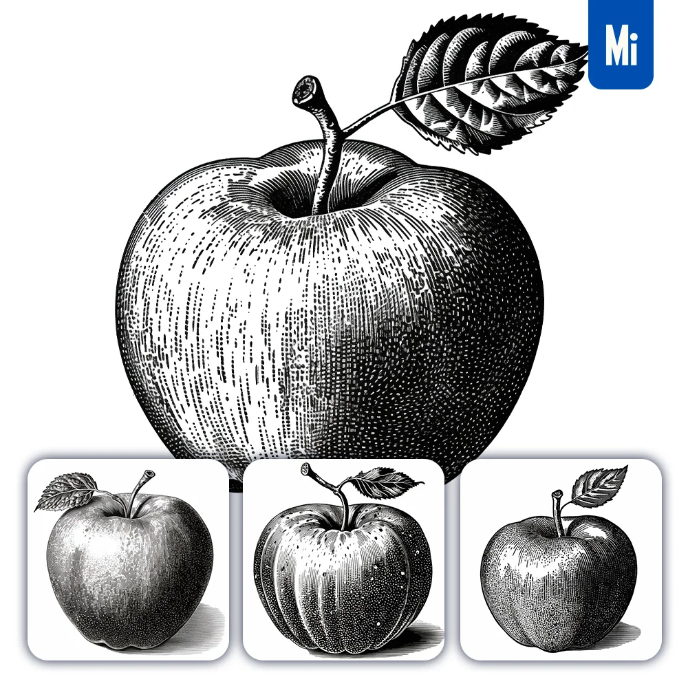 Midjourney Prompt Apple Leave Leaf Illustration Painting Black And White