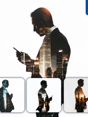 Midjourney Prompt Business Man Suit Modern Urban Architecture Mobile Phone Silhouette Photography