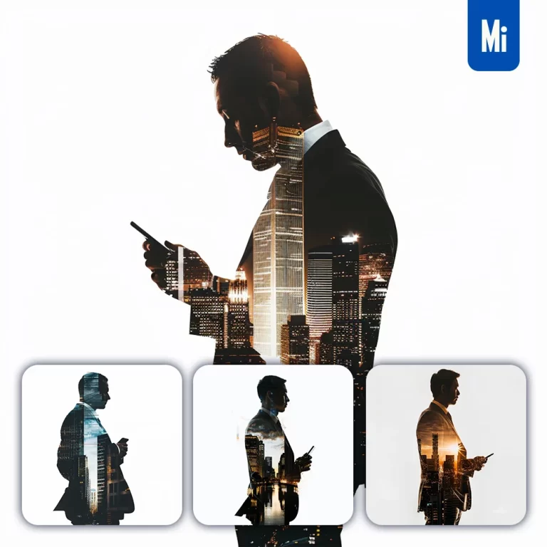 midjourney prompt business man suit modern urban architecture mobile phone silhouette photography