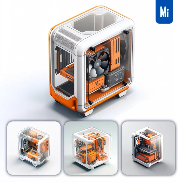 midjourney prompt computer host box PC case orange isometric material industrial design 3D icon