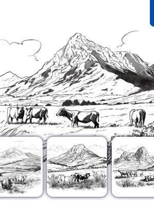 Midjourney Prompt Cow Grazing Mountain Landscap Sketch Drawing Illustration