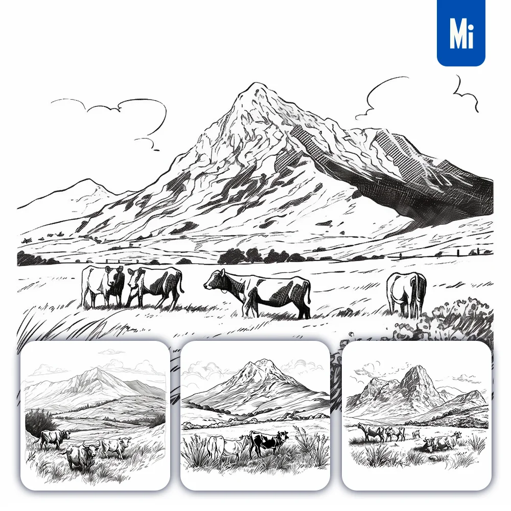 Midjourney Prompt Cow Grazing Mountain Landscap Sketch Drawing Illustration