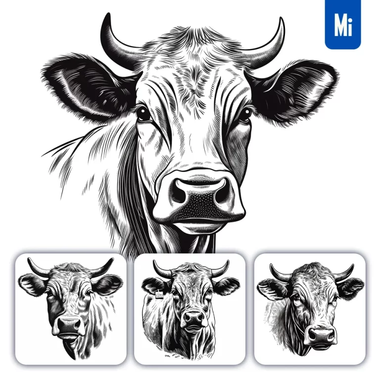 midjourney prompt cow head face black and white drawing victor ink illustration logo