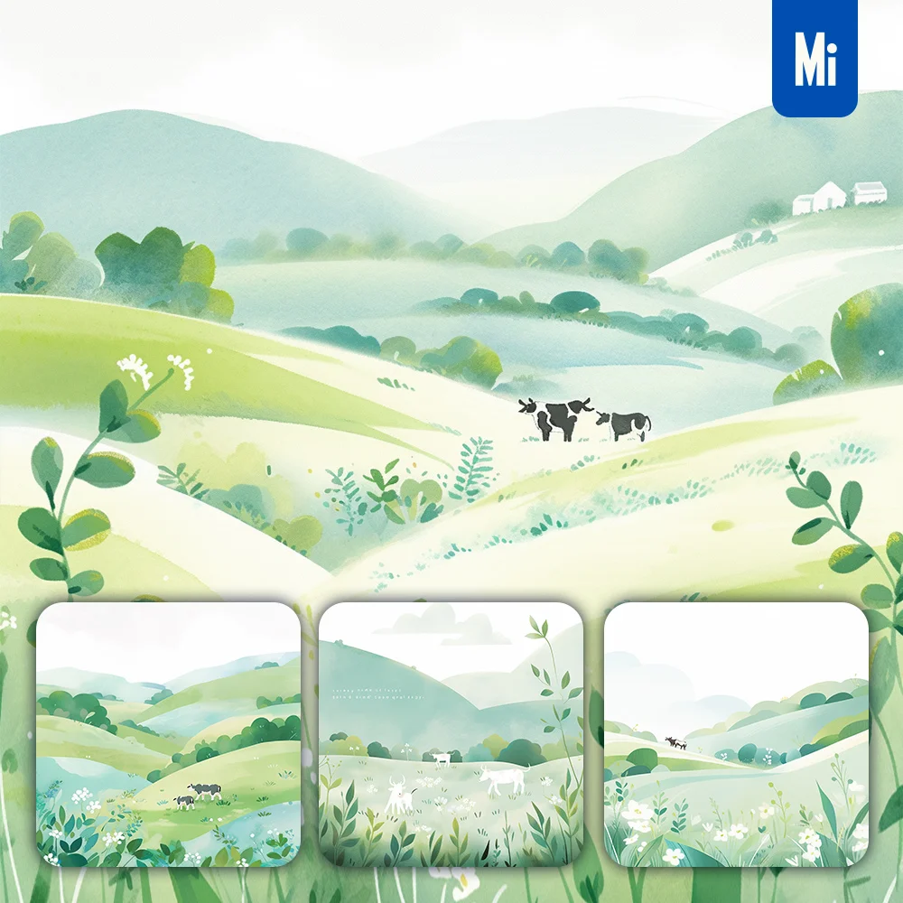 Midjourney Prompt Cow Illustration Simple Green Plant Flower Cow Grazing Drawing Painting Ink Wash