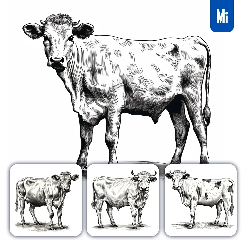 Midjourney Prompt Cow Vector Logo Illustration Black And White Ink Painting