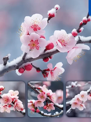 Midjourney Prompt Flower Pink Petal Plum Blossom Winter Snow Photography