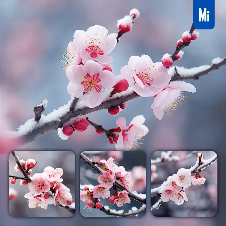 midjourney prompt flower pink petal plum blossom winter snow photography