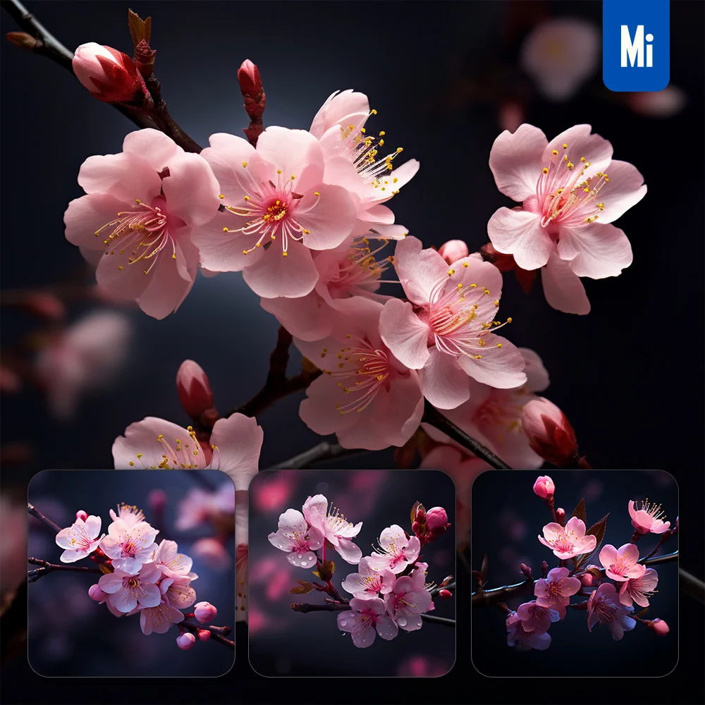Midjourney Prompt Flower Plum Blossom Pink Petal Night Light Photography