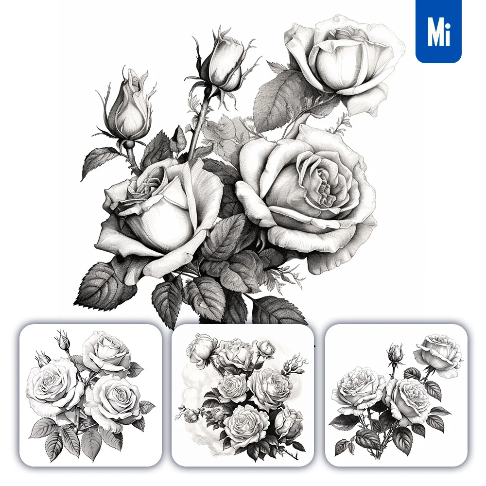 Midjourney Prompt Flower Rose Leave Leaf Illustration Painting Black And White