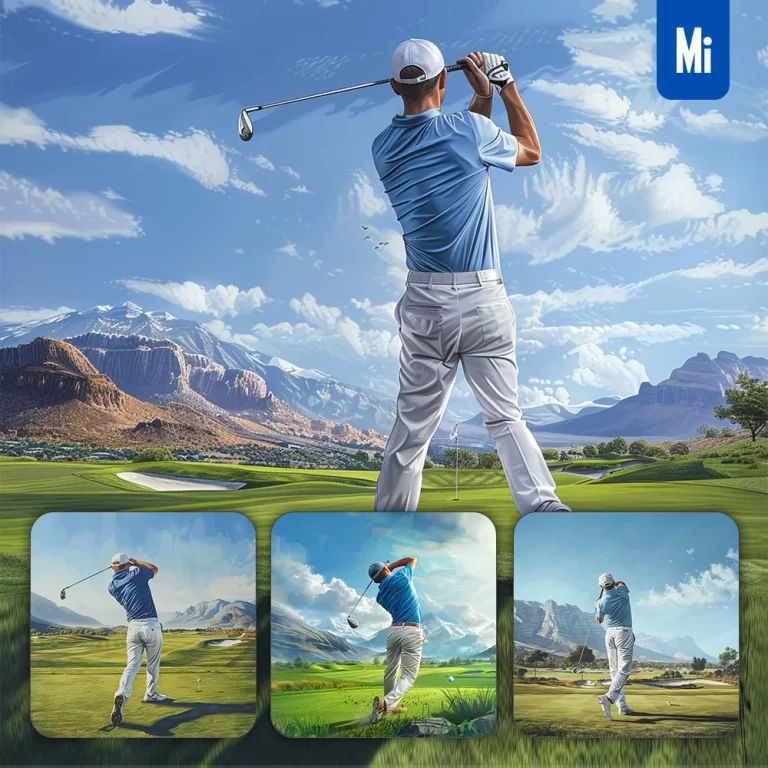 midjourney prompt gentleman play golf green man back sunshine greensward sky painting