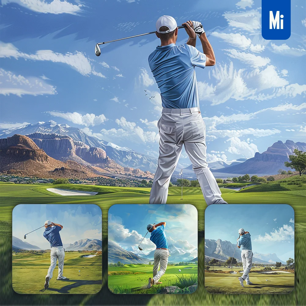 Midjourney Prompt Gentleman Play Golf Green Man Back Sunshine Greensward Sky Painting