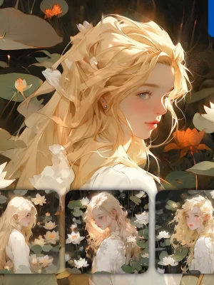 Midjourney Prompt Girl Golden Hair Lotus Leaves Anime Painting