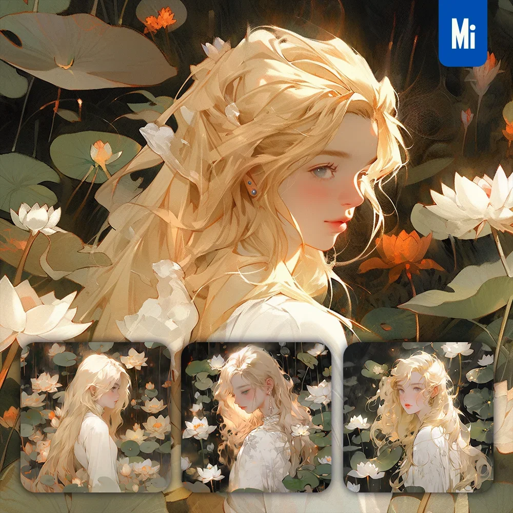 Midjourney Prompt Girl Golden Hair Lotus Leaves Anime Painting