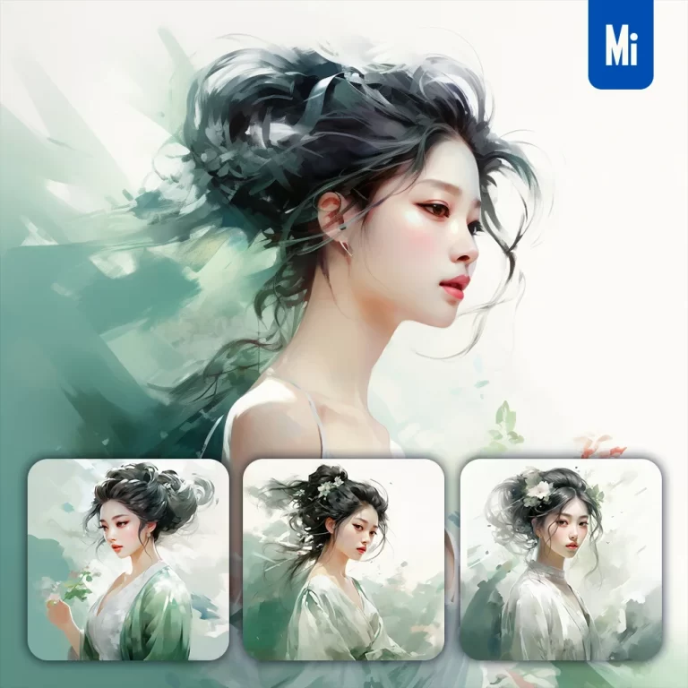 midjourney prompt lady woman fairy profile green flower painting ink brush