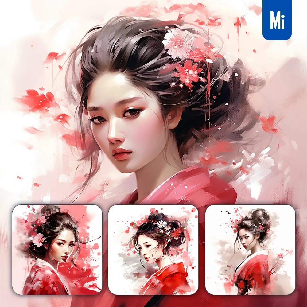 Midjourney Prompt Lady Woman Fairy Profile Red Flower Painting Ink Brush