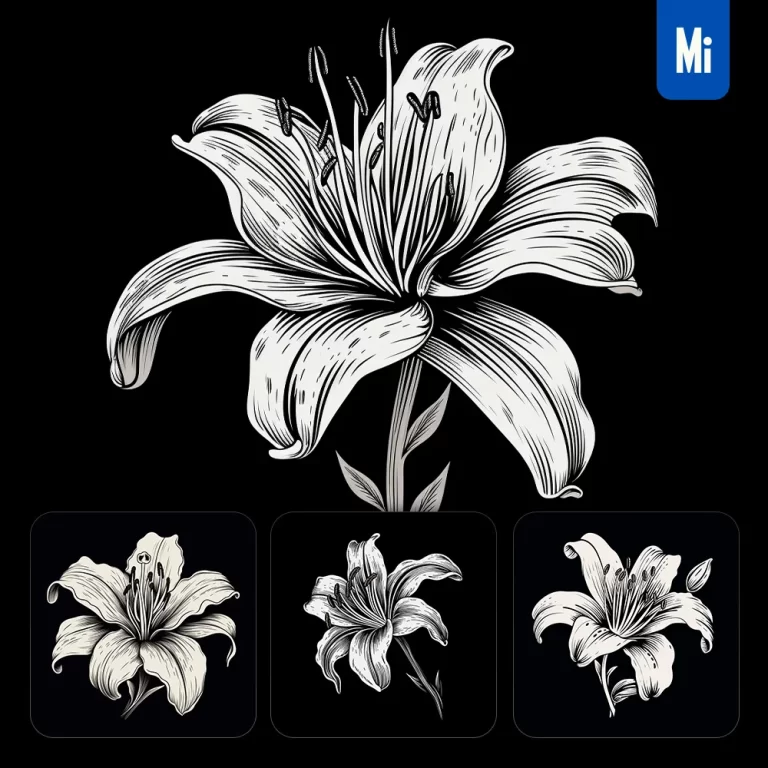 midjourney prompt lily flower black and white drawing victor ink illustration logo