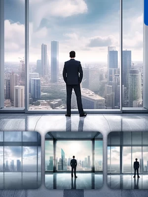 Midjourney Prompt Man Boss Stand Business Back City Skyline Sky Window