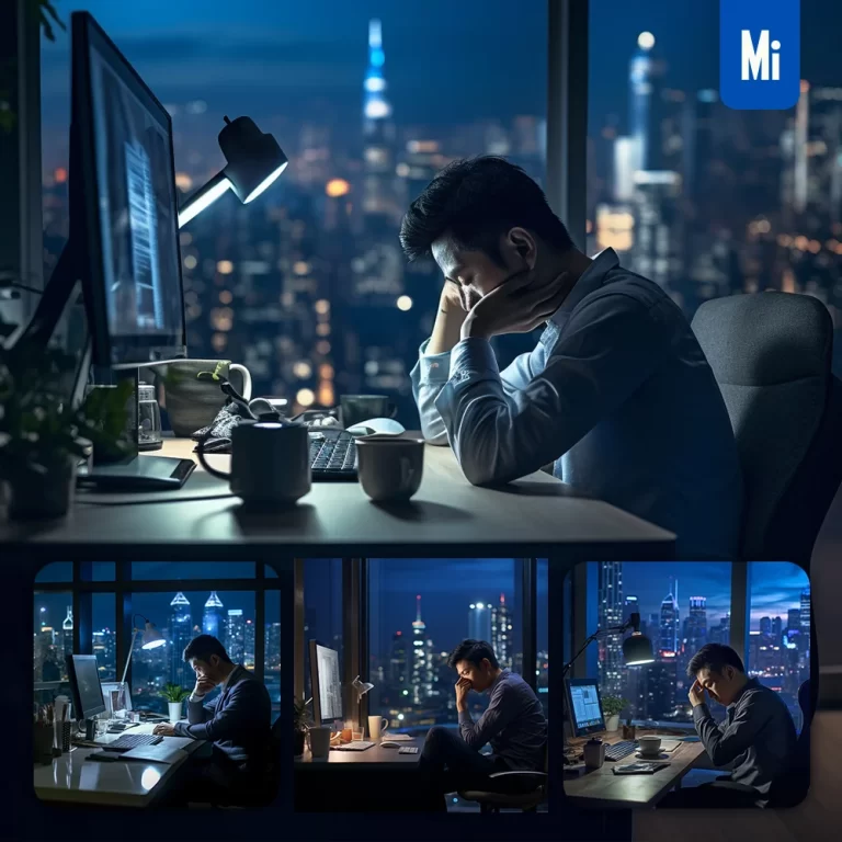 midjourney prompt man overtime extra work night midnight tired official photography