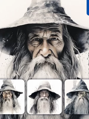 Midjourney Prompt Old Man Wizard Enchantface Head Painting Black And White